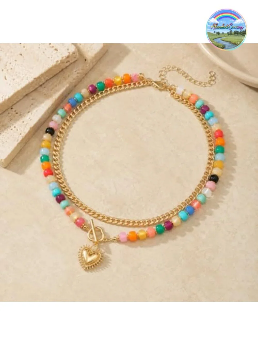 Layered Beaded Choker Necklace for Women, Heart Pendant Gold Plated, Boho Y2K